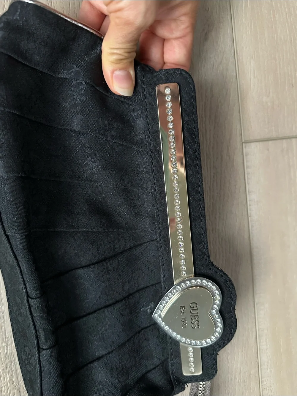 Guess Black Clutch with Rhinestone Heart Accent